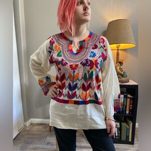 Large Hand Sewn & Embroidered Colorful Cotton Peasant Top